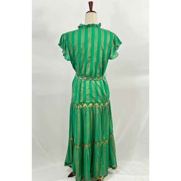 OLIPHANT L Large Pixie Green Gold Ruffle Collar Maxi Dress Belted Short Sleeve - Picture 5 of 9